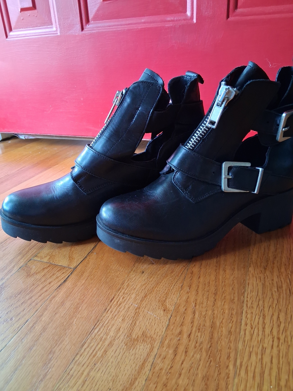 Steve Madden Black Cutout Zip & Buckle Chunky Heel Booties